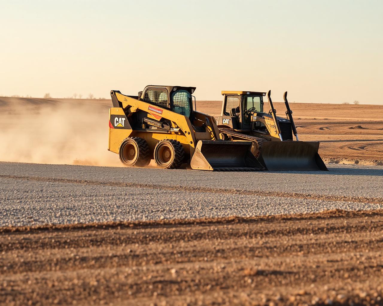Skid steer and dozer grading a commercial pad site