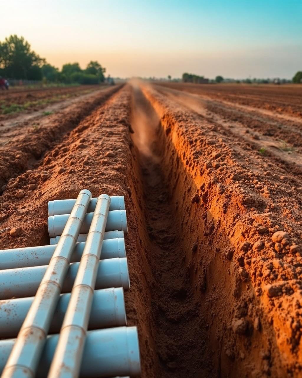 Freshly dug trench with PVC pipe sections laid alongside